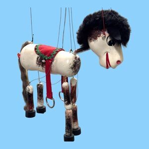 Vintage Pelham Wooden Horse Marionette Puppet Black Yarn Mane & Long Tail READ